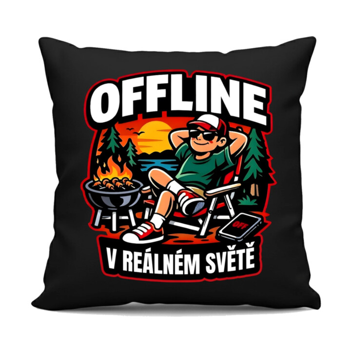 Offline v reálném světě - černý polštář s potiskem