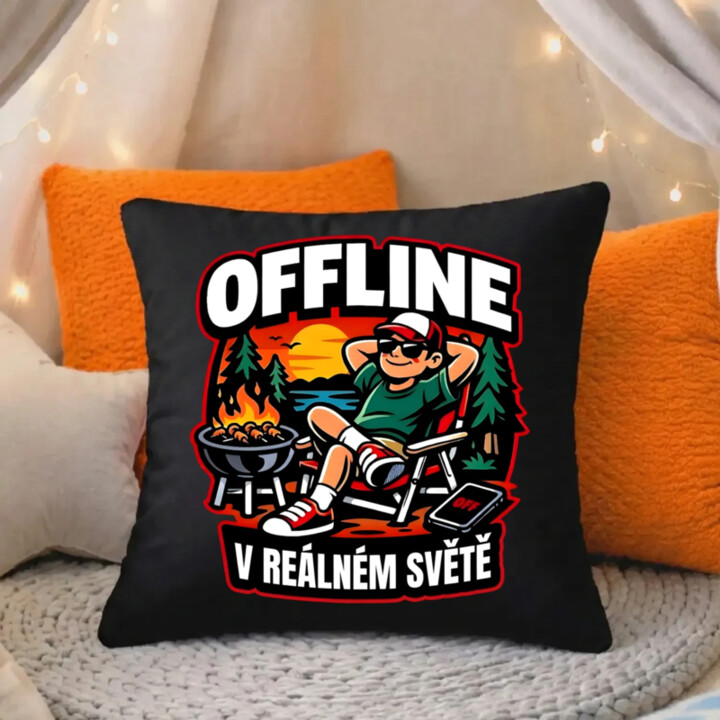 Offline v reálném světě - černý polštář s potiskem