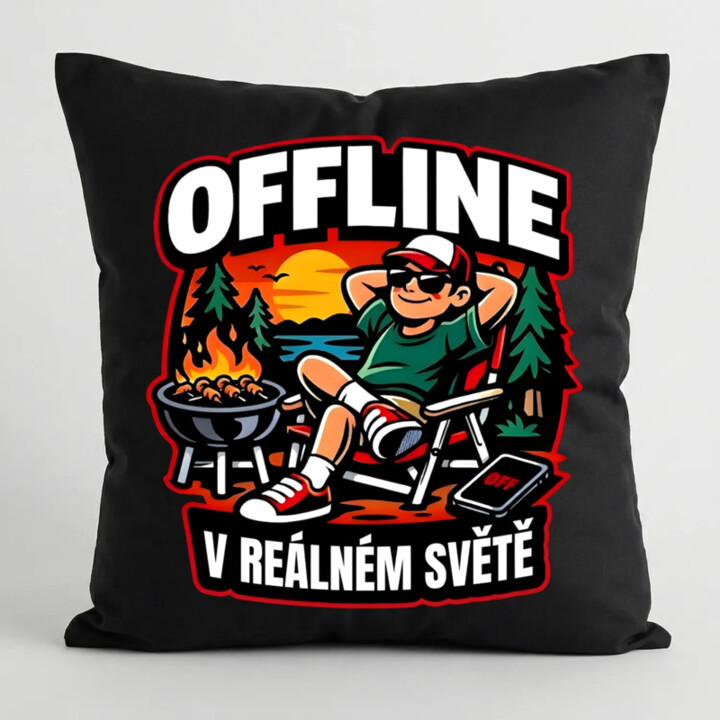 Offline v reálném světě - černý polštář s potiskem