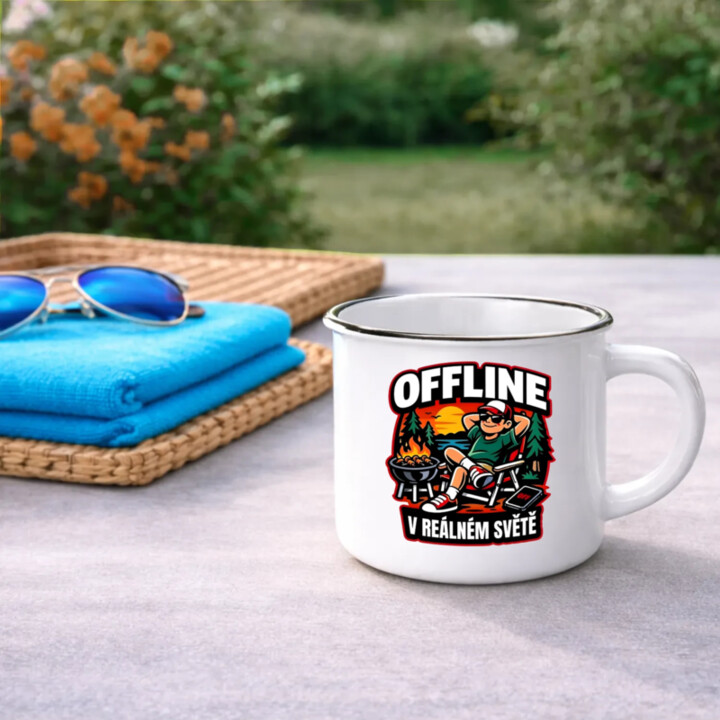 Offline v reálném světě  - keramický smaltovaný hrneček s potiskem