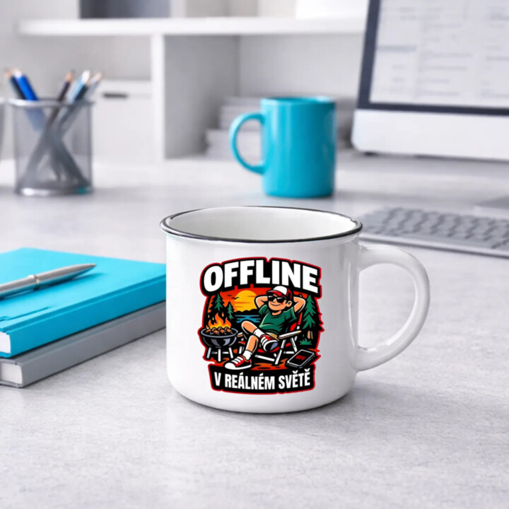 Offline v reálném světě  - keramický smaltovaný hrneček s potiskem