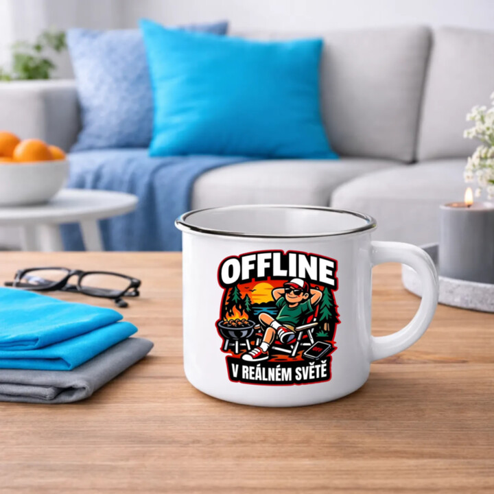 Offline v reálném světě  - keramický smaltovaný hrneček s potiskem