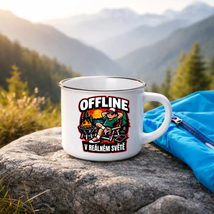 Offline v reálném světě  - keramický smaltovaný hrneček s potiskem