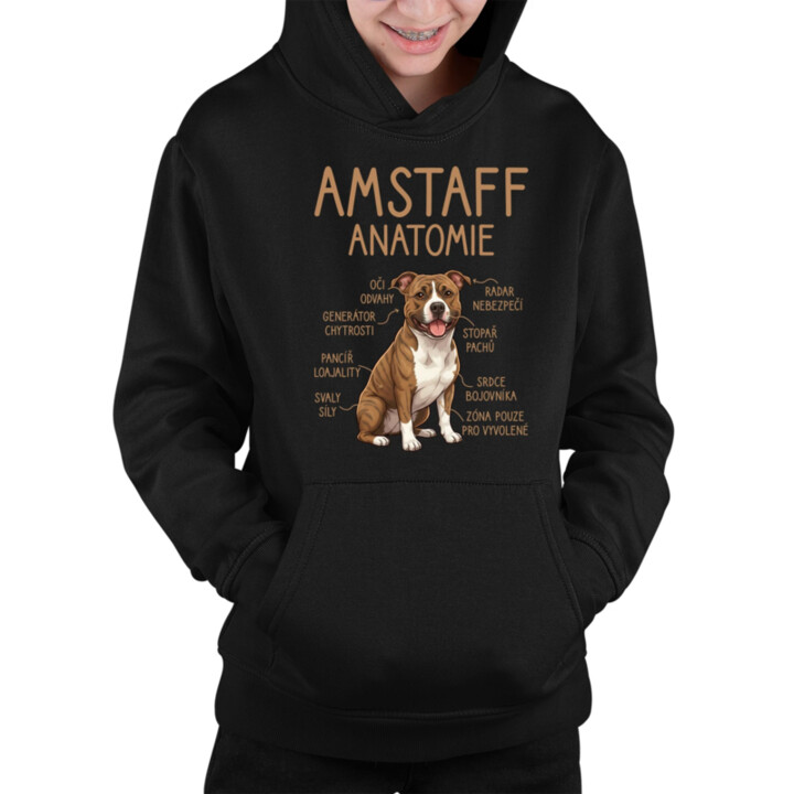 Amstaff – anatomie - dětská mikina s kapucí