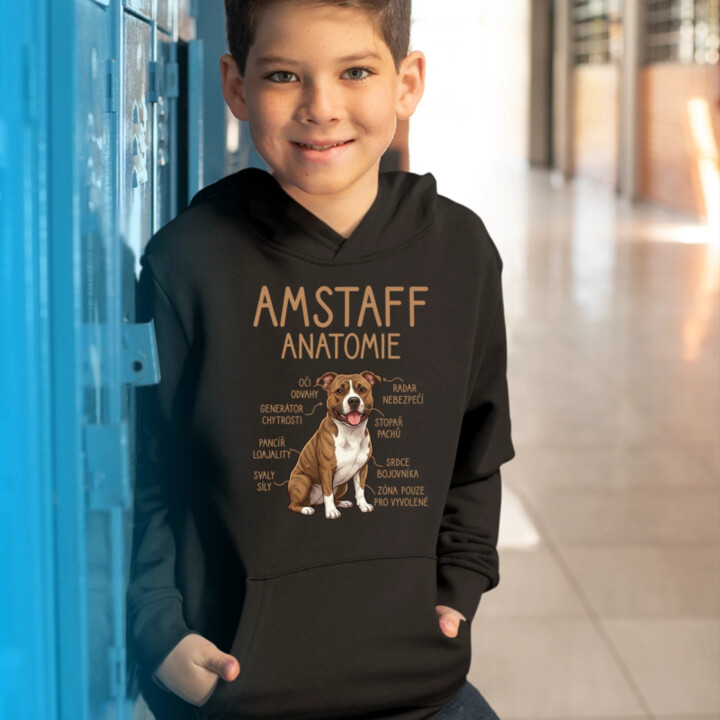 Amstaff – anatomie - dětská mikina s kapucí