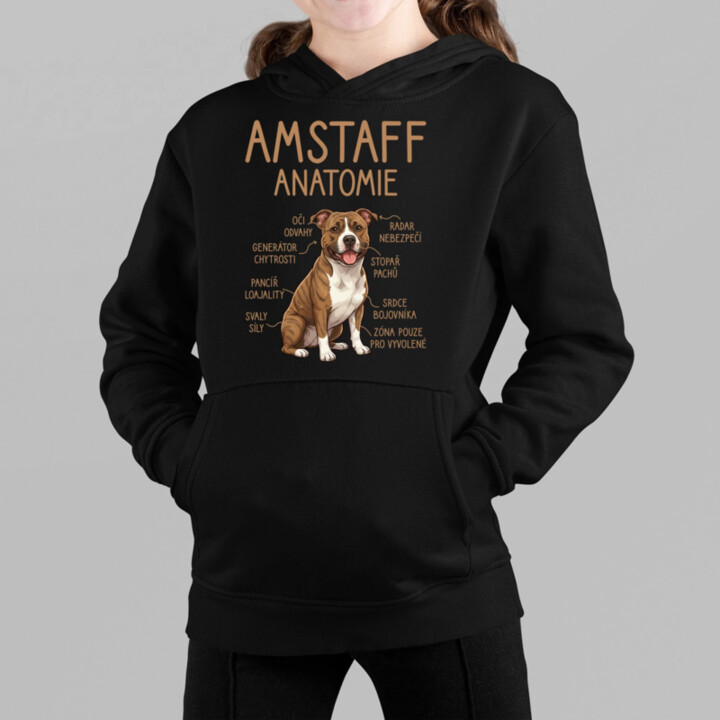 Amstaff – anatomie - dětská mikina s kapucí
