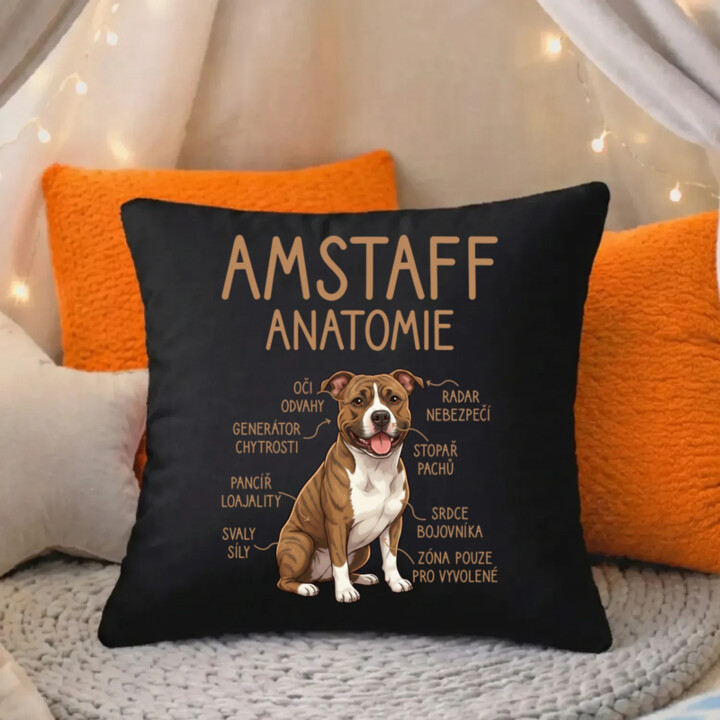 Amstaff – anatomie - černý polštář s potiskem