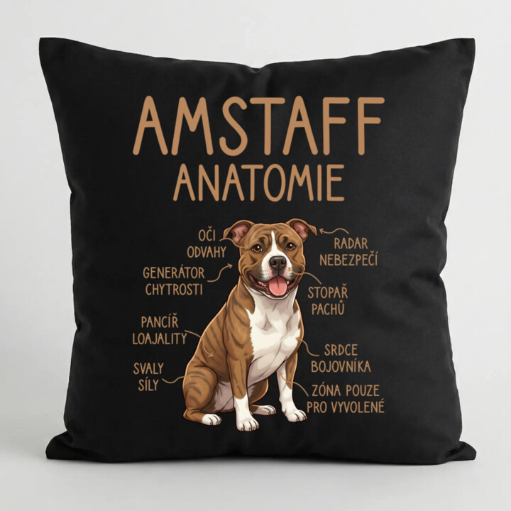 Amstaff – anatomie - černý polštář s potiskem