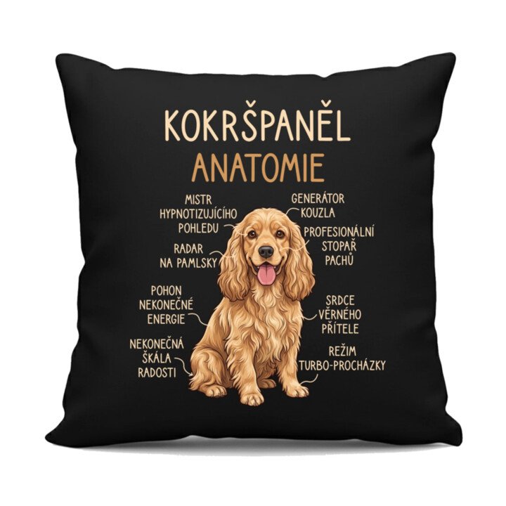 Cocker Spaniel anatomia - černý polštář s potiskem