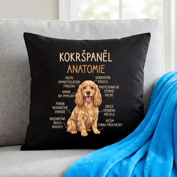 Cocker Spaniel anatomia - černý polštář s potiskem