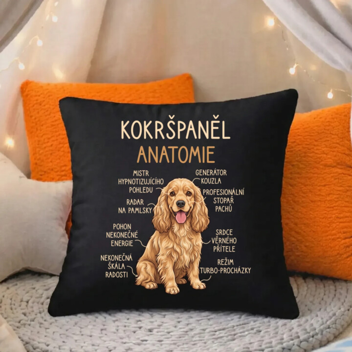 Cocker Spaniel anatomia - černý polštář s potiskem