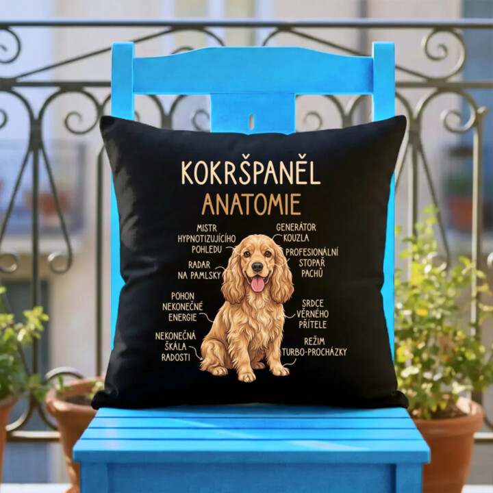 Cocker Spaniel anatomia - černý polštář s potiskem