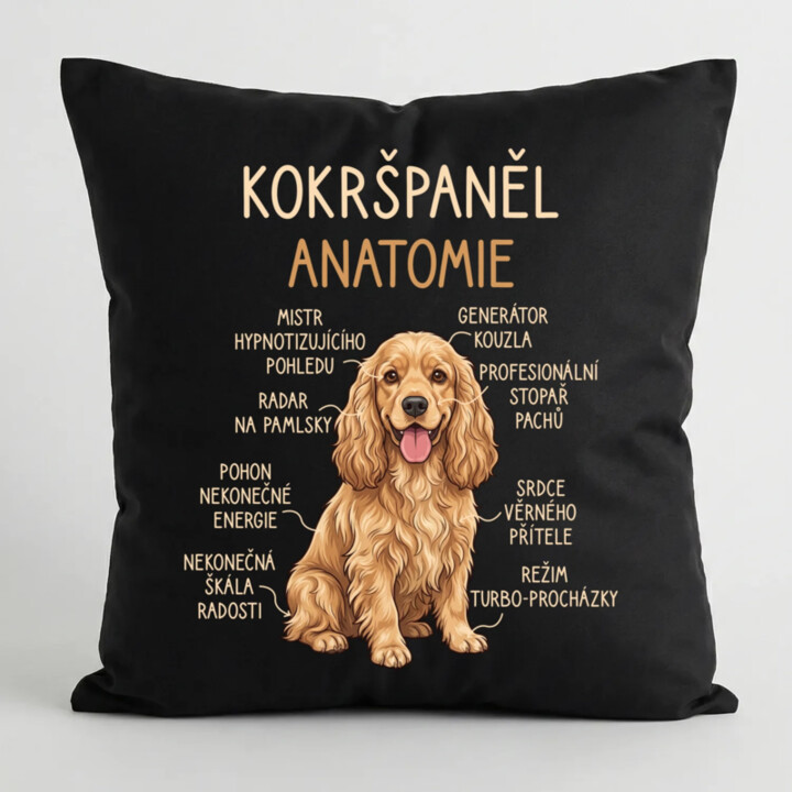 Cocker Spaniel anatomia - černý polštář s potiskem