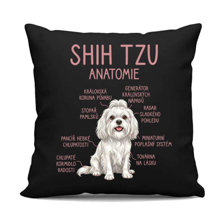 Shih Tzu – anatomie - černý polštář s potiskem