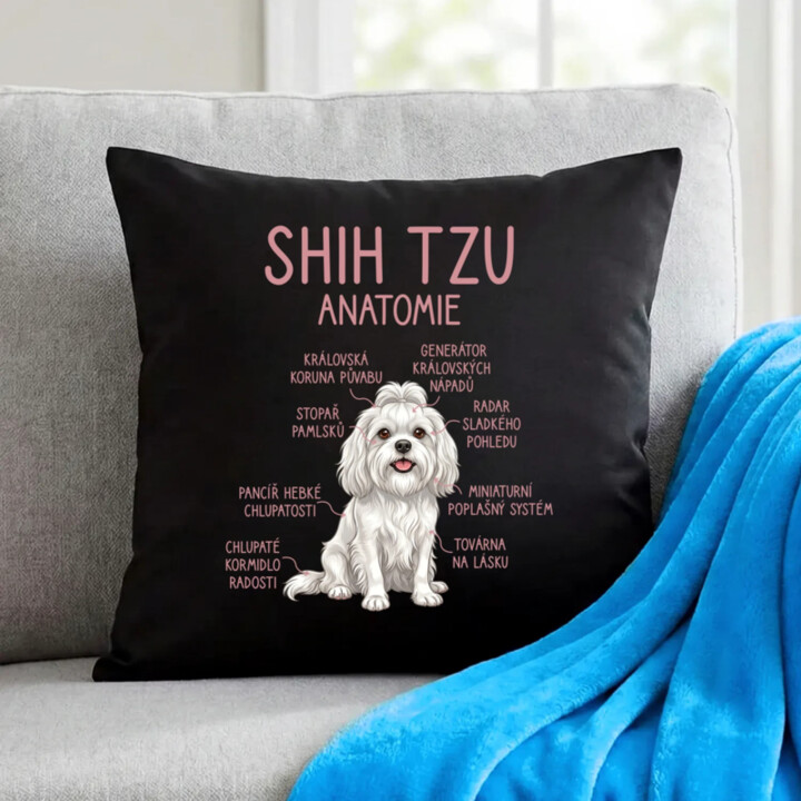 Shih Tzu – anatomie - černý polštář s potiskem