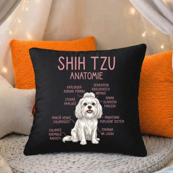Shih Tzu – anatomie - černý polštář s potiskem