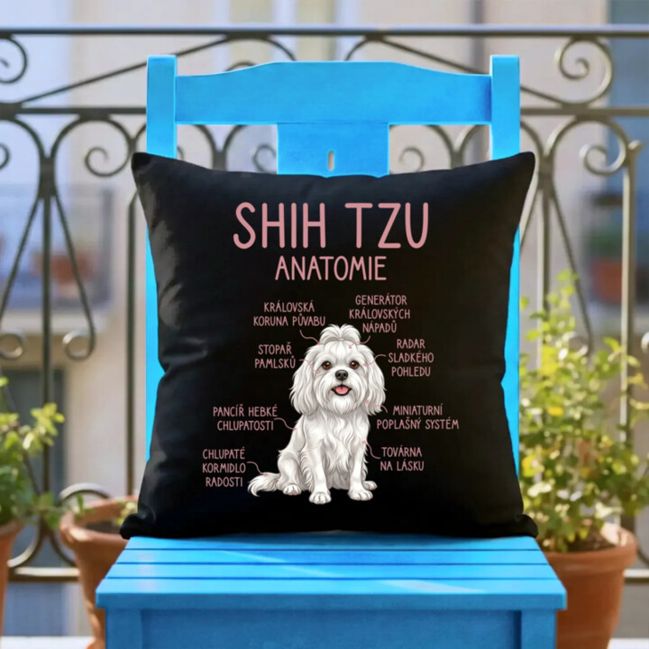 Shih Tzu – anatomie - černý polštář s potiskem