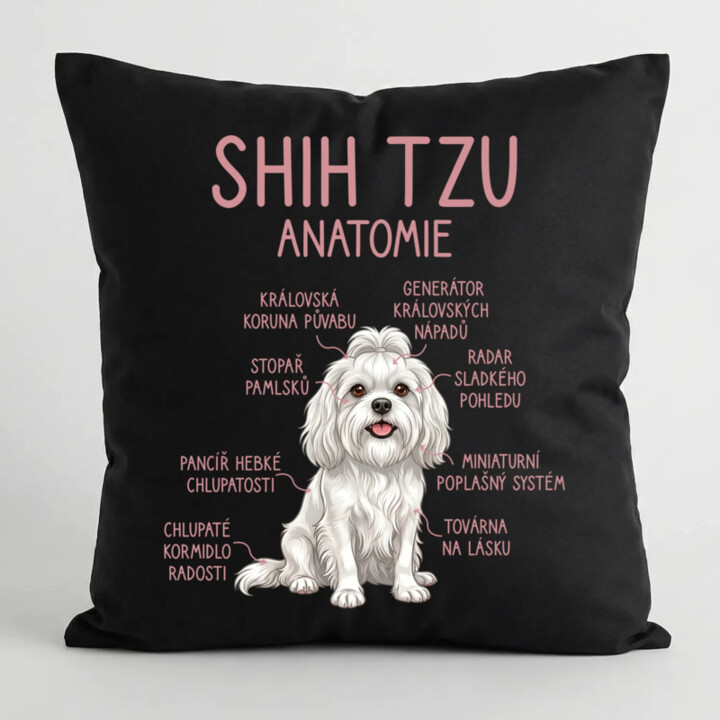 Shih Tzu – anatomie - černý polštář s potiskem