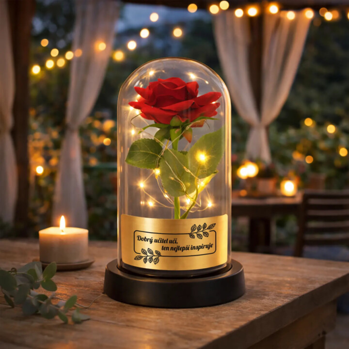 Dobrý učitel učí, ten nejlepší inspiruje - věčná růže pod skleněným poklopem s gravírováním