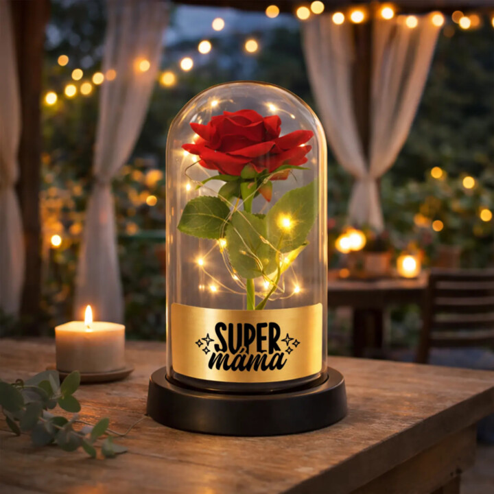 Super máma - věčná růže pod skleněným poklopem s gravírováním