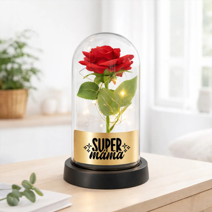 Super máma - věčná růže pod skleněným poklopem s gravírováním
