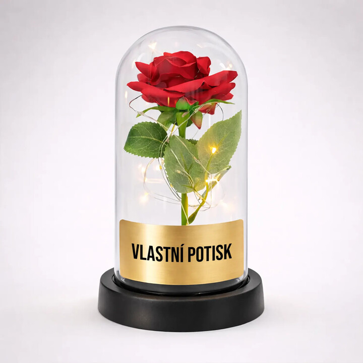 Věčná růže pod skleněným poklopem s gravírováním - produkt s vlastním potiskem