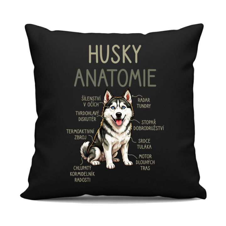 Husky – anatomie - černý polštář s potiskem