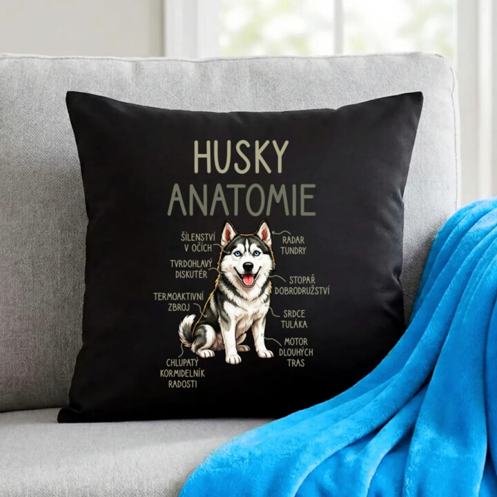 Husky – anatomie - černý polštář s potiskem