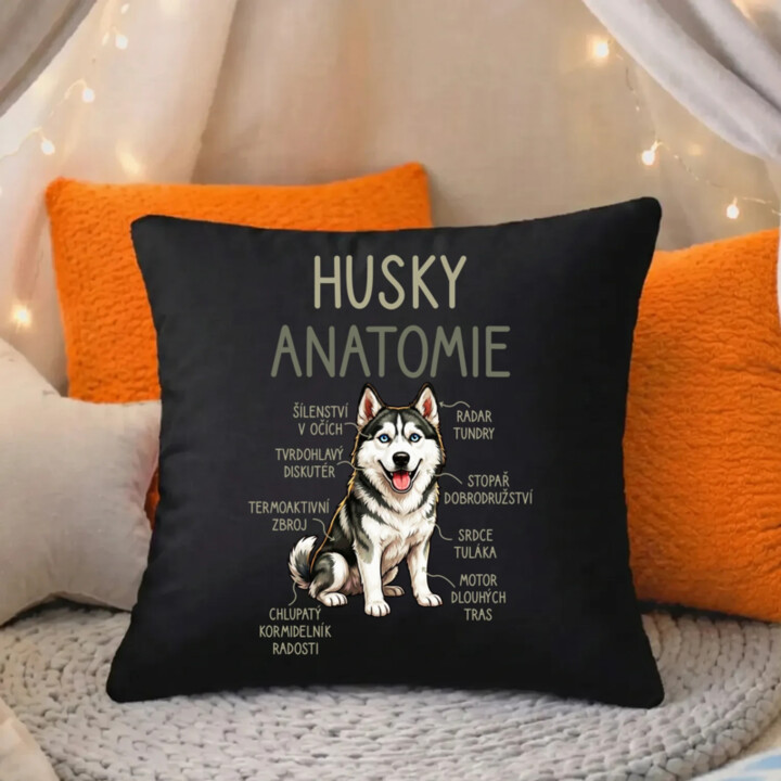 Husky – anatomie - černý polštář s potiskem
