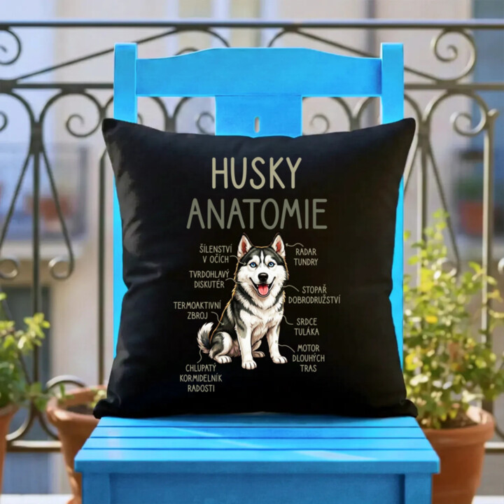 Husky – anatomie - černý polštář s potiskem