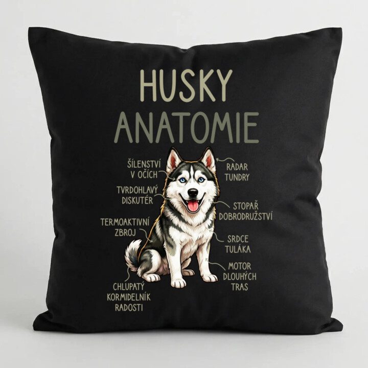 Husky – anatomie - černý polštář s potiskem