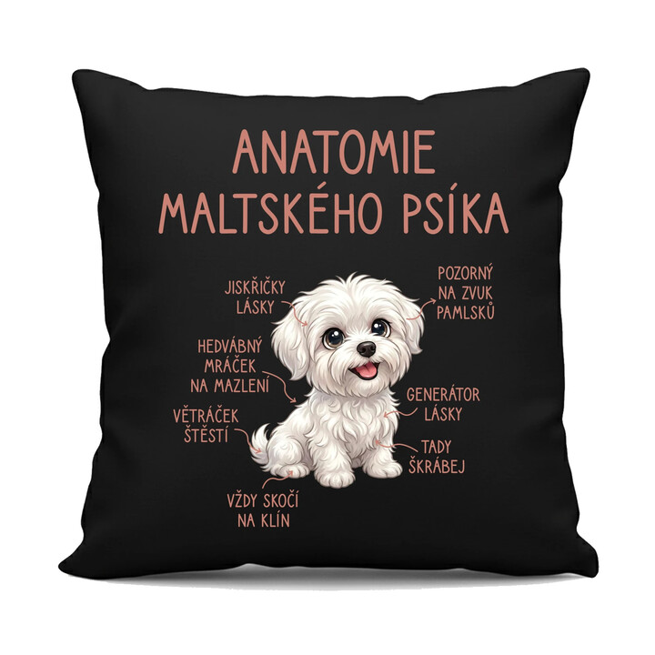 Anatomie maltského psíka - černý polštář s potiskem