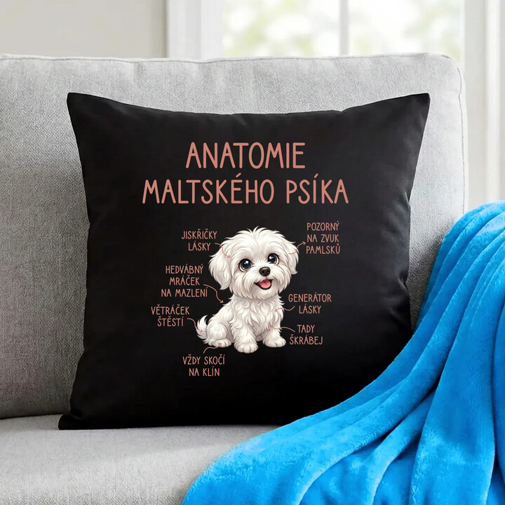 Anatomie maltského psíka - černý polštář s potiskem