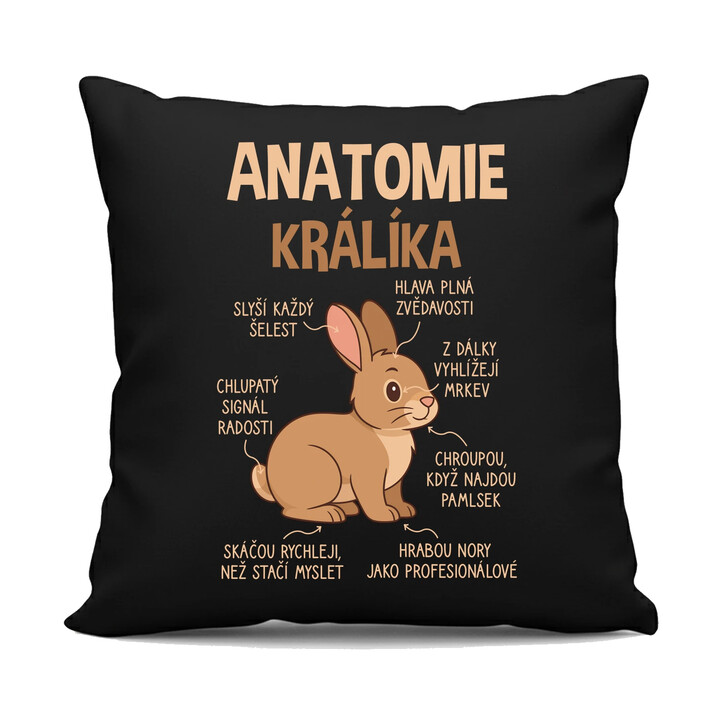 Anatomie králíka - černý polštář s potiskem