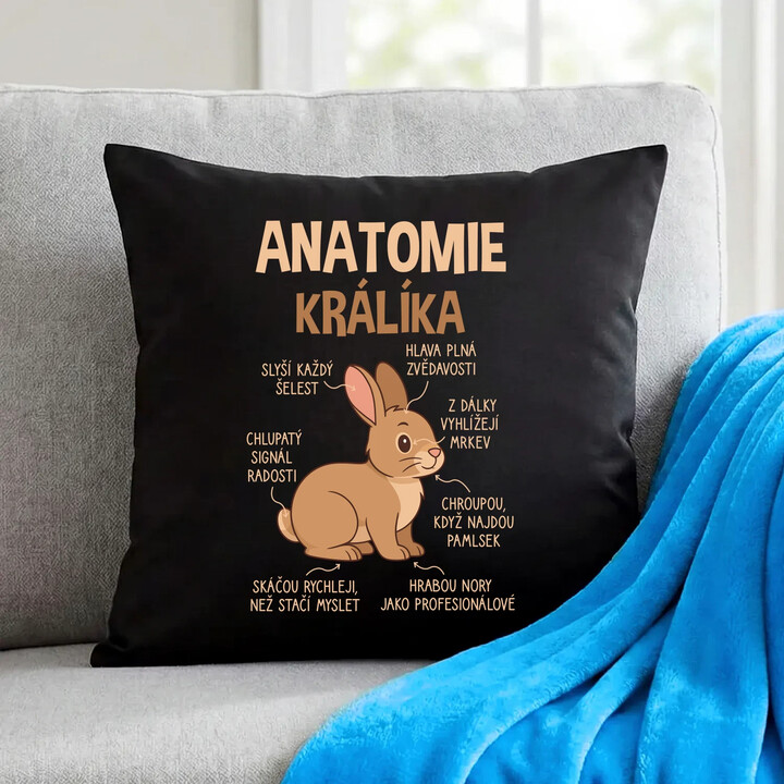 Anatomie králíka - černý polštář s potiskem