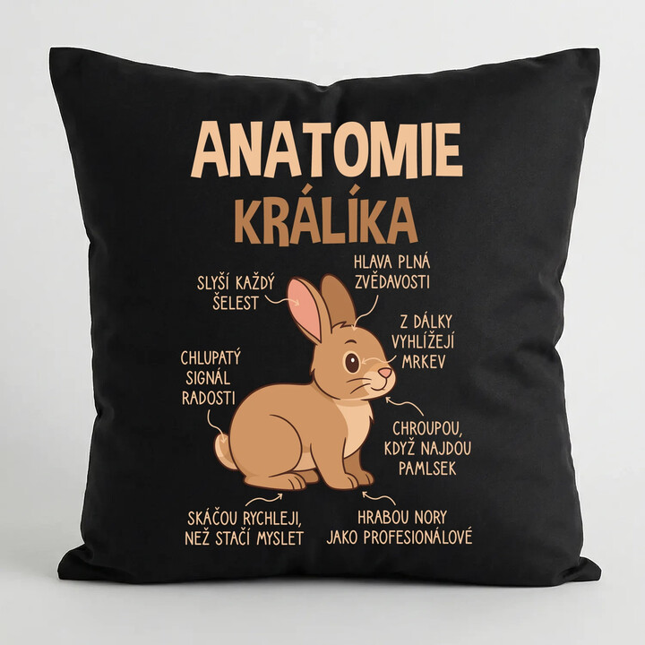 Anatomie králíka - černý polštář s potiskem