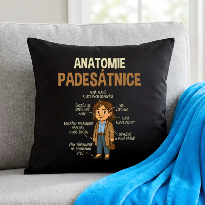 Anatomie padesátnice - černý polštář s potiskem