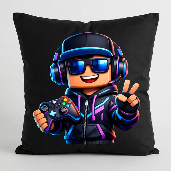 Hráč s ovladačem - černý polštář s potiskem pro fanoušky Roblox