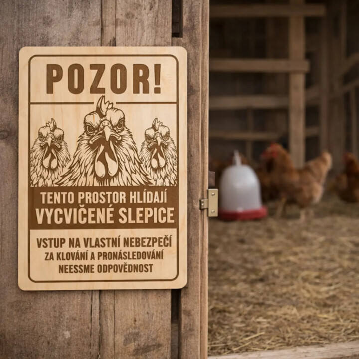 Pozor! Tento prostor hlídají slepice - dřevěná cedulka s gravírováním