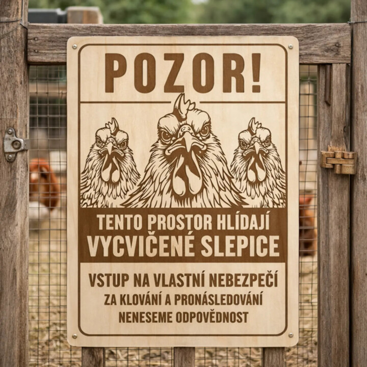 Pozor! Tento prostor hlídají slepice - dřevěná cedulka s gravírováním