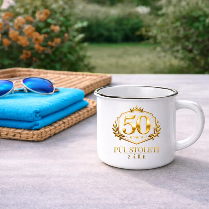 50 - půl století záře  - keramický smaltovaný hrneček s potiskem