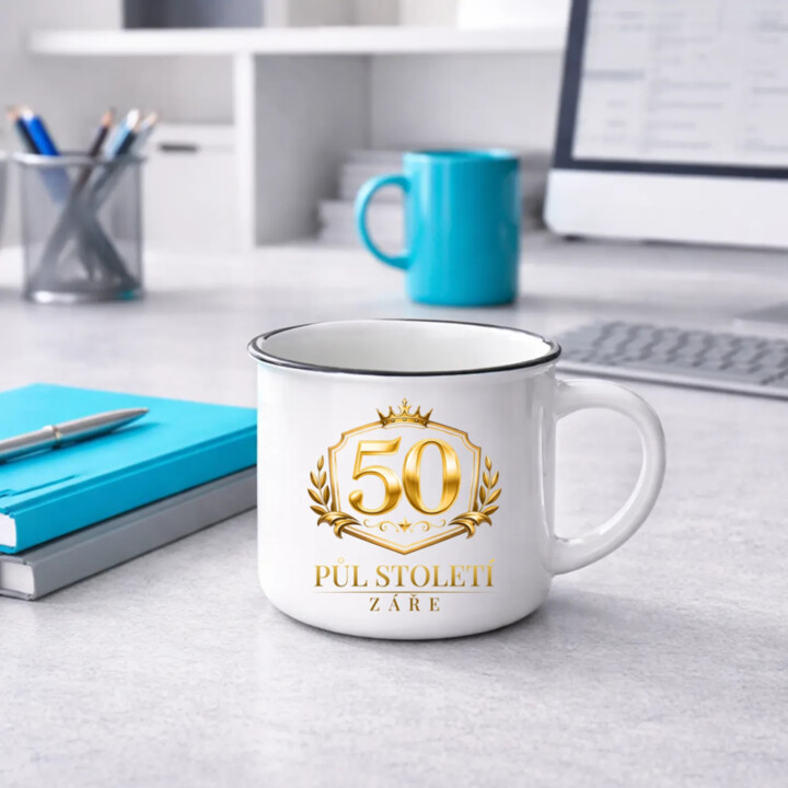50 - půl století záře  - keramický smaltovaný hrneček s potiskem