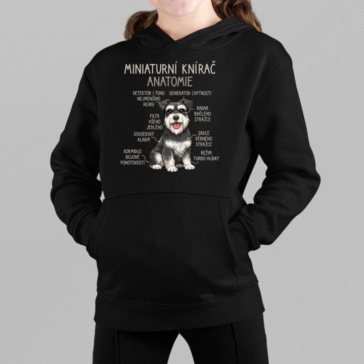 Miniaturní knírač – anatomie - dětská mikina s kapucí