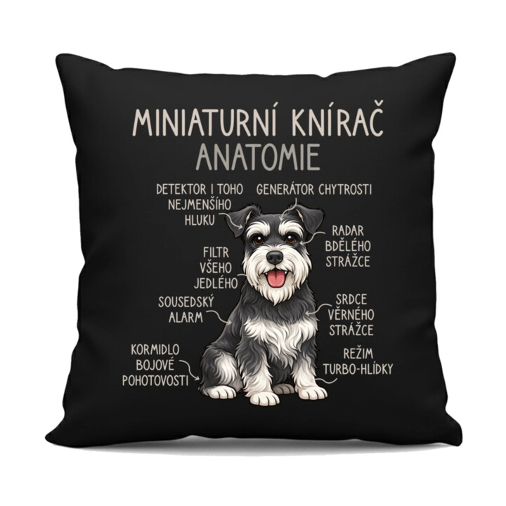 Miniaturní knírač – anatomie - černý polštář s potiskem