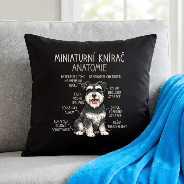 Miniaturní knírač – anatomie - černý polštář s potiskem