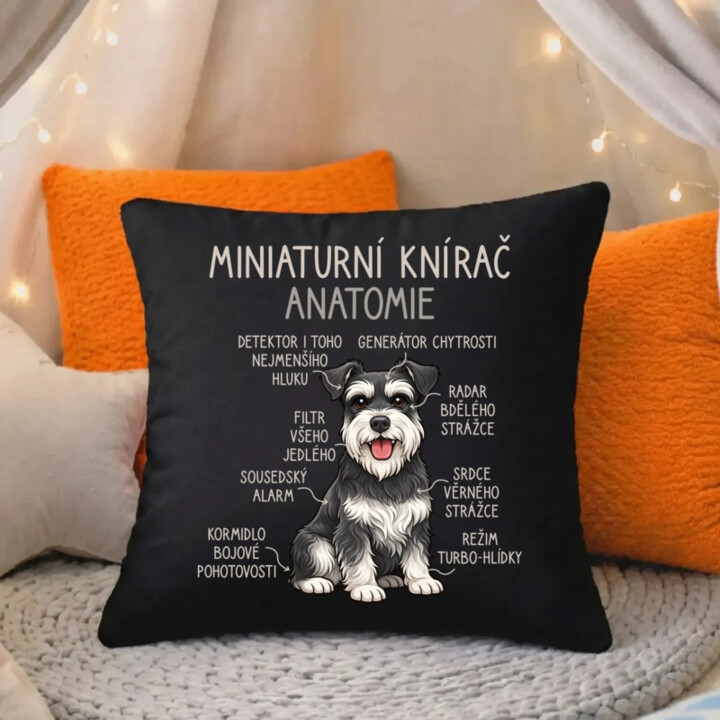 Miniaturní knírač – anatomie - černý polštář s potiskem