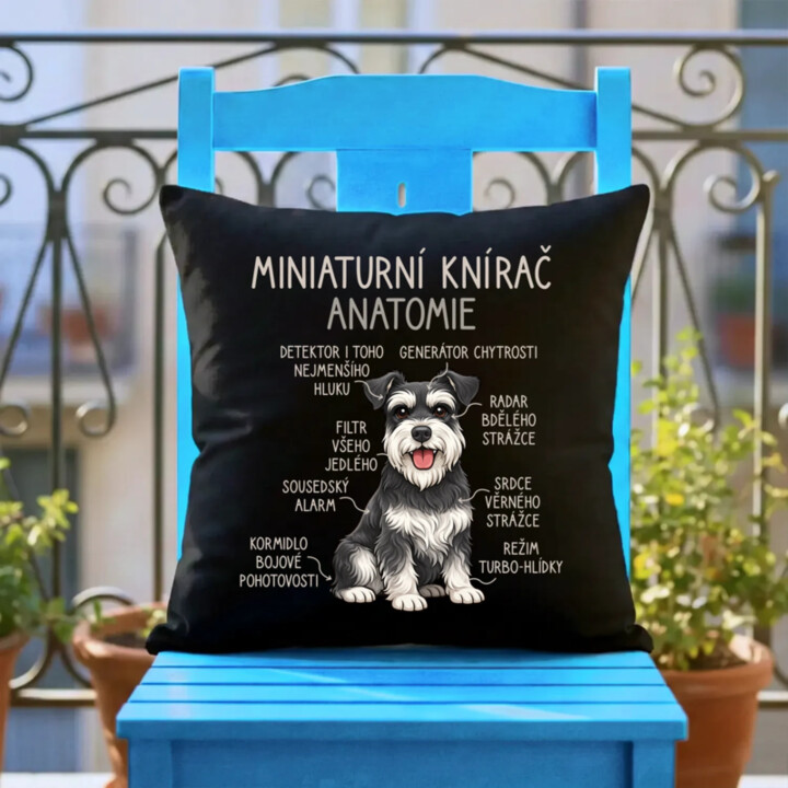 Miniaturní knírač – anatomie - černý polštář s potiskem