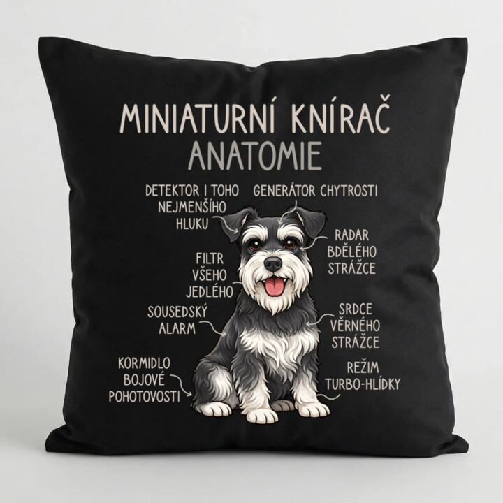 Miniaturní knírač – anatomie - černý polštář s potiskem