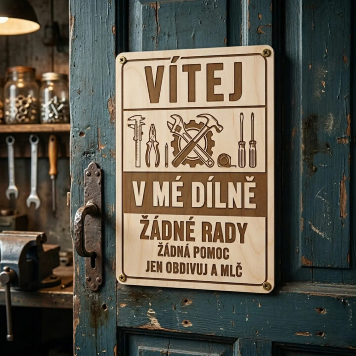 Vítej v mé dílně - žádné rady, žádná pomoc - dřevěná cedulka s gravírováním