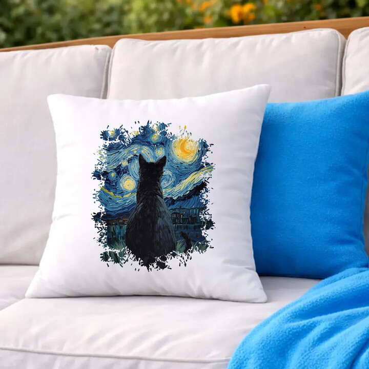 Kočka inspirovaná Van Goghem - polštář s potiskem